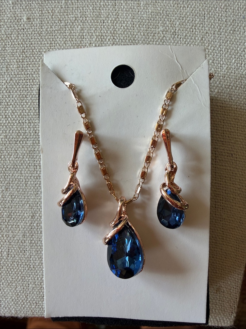 Rose Gold Teardrop Navy Crystal Necklace & Earring Set